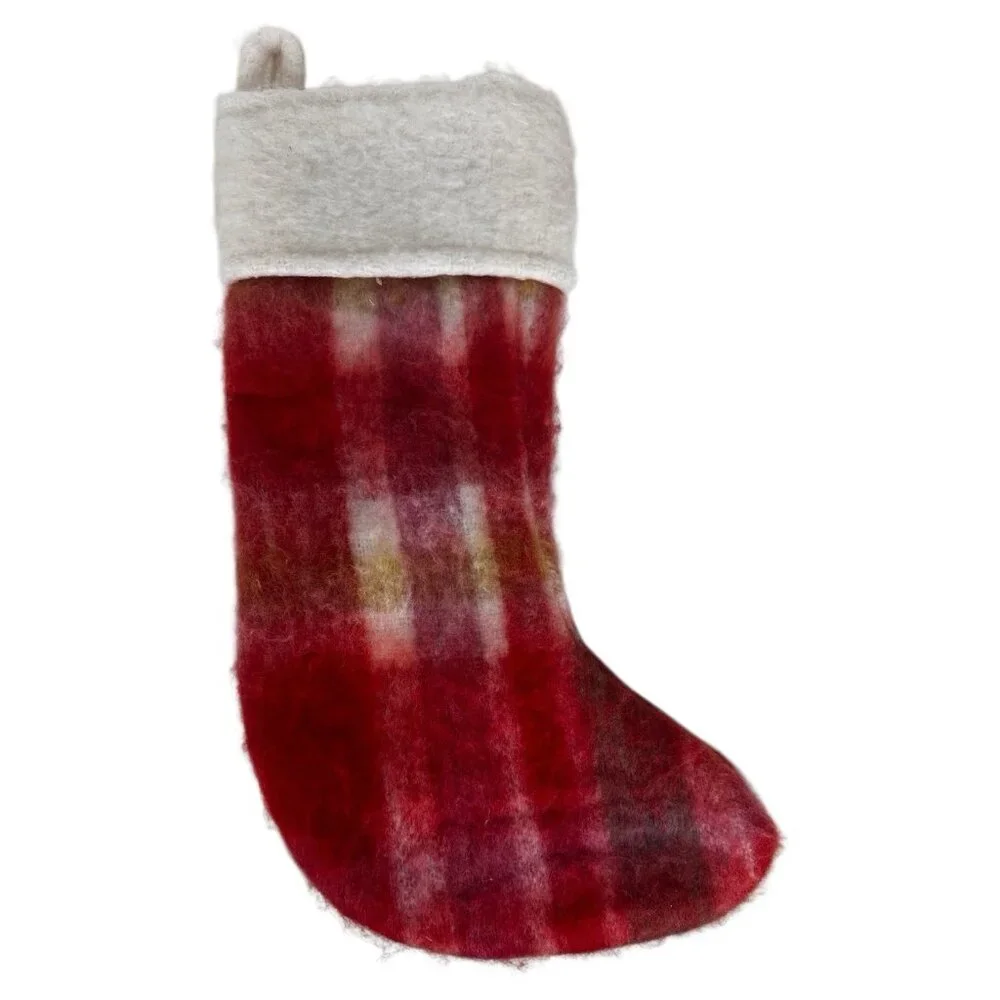 West Elm Christmas Stocking plaid mohair soft christmas holiday cabin boho chic